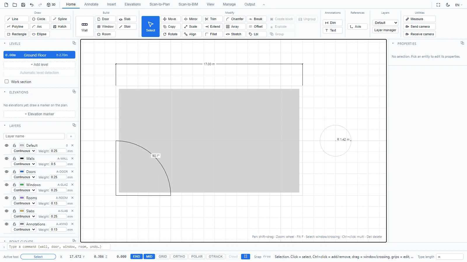 Linear, radius and angular dimensions on a plan
