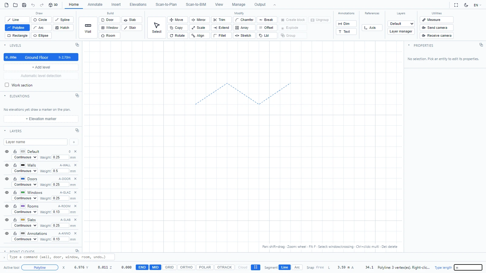 A polyline in progress, the status bar counts the vertices