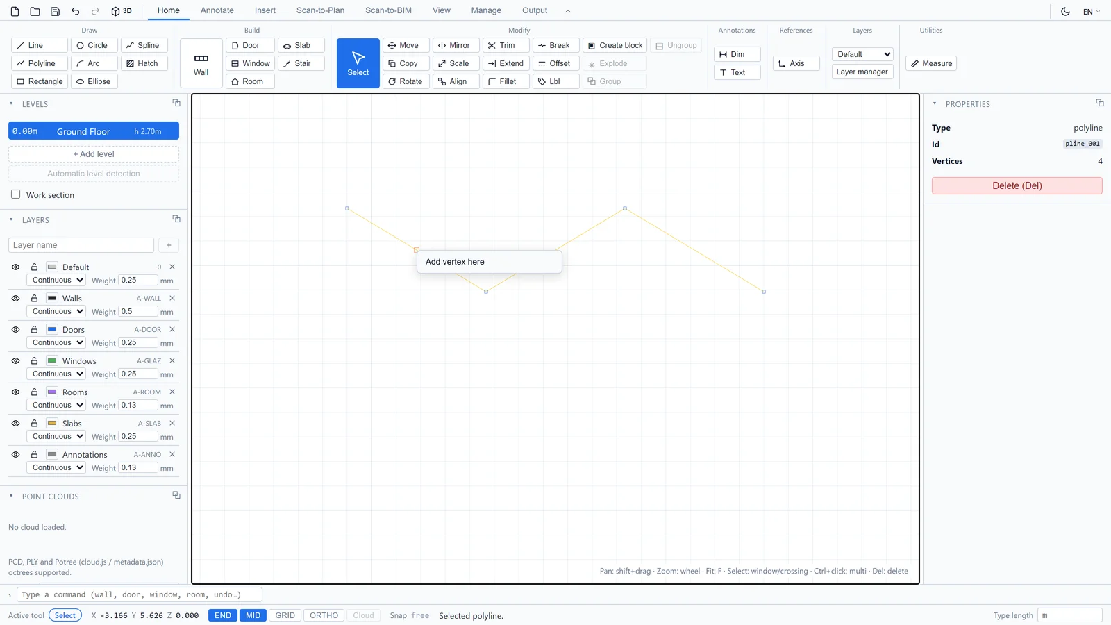 The right-click menu on a polyline segment