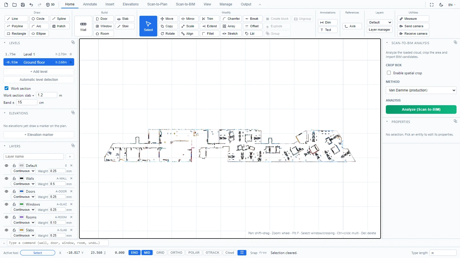 Una sección de trabajo: la vista 2D muestra un corte del escaneo